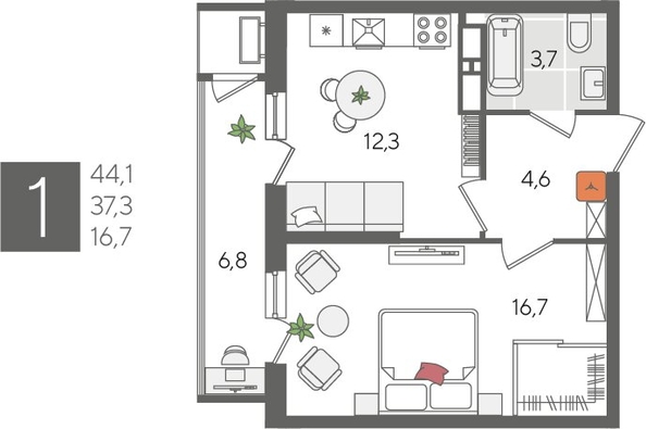 
  Продается 1-комн. квартира, 44.1 м², ЖК Рекорд 2, литера 5
. Фото 1.
