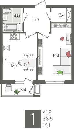 
  Продается 1-комн. квартира, 41.9 м², ЖК Рекорд 2, литера 5
. Фото 1.