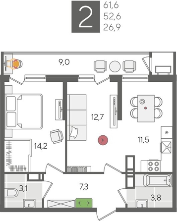 
  Продается 2-комн. квартира, 61.6 м², ЖК Рекорд 2, литера 5
. Фото 1.