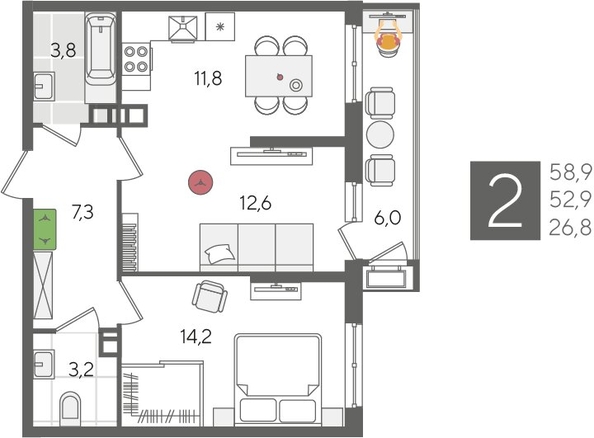 
  Продается 2-комн. квартира, 58.9 м², ЖК Рекорд 2, литера 6
. Фото 1.