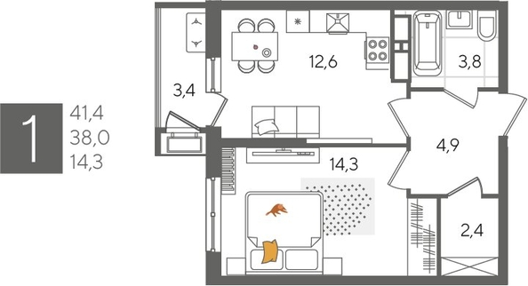 
  Продается 1-комн. квартира, 41.4 м², ЖК Рекорд 2, литера 6
. Фото 1.