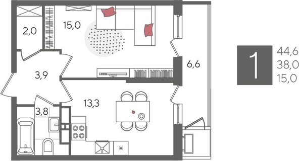 
  Продается 1-комн. квартира, 44.6 м², ЖК Рекорд 2, литера 6
. Фото 1.