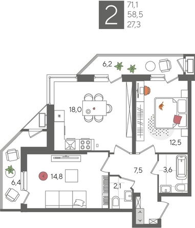 
  Продается 2-комн. квартира, 71.1 м², ЖК Рекорд 2, литера 6
. Фото 1.