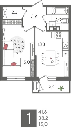 
  Продается 1-комн. квартира, 41.6 м², ЖК Рекорд 2, литера 6
. Фото 1.