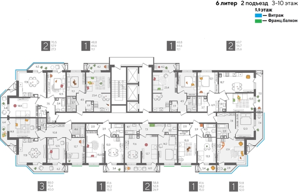
  Продается 2-комн. квартира, 63.7 м², ЖК Рекорд 2, литера 6
. Фото 2.