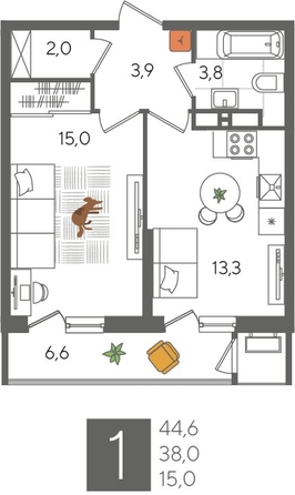 
  Продается 1-комн. квартира, 44.6 м², ЖК Рекорд 2, литера 6
. Фото 1.