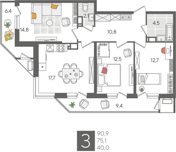 
  Продается 3-комн. квартира, 90.9 м², ЖК Рекорд 2, литера 6
. Фото 1.