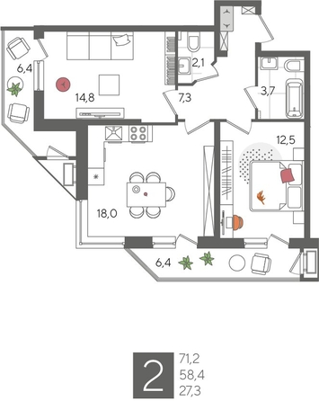 
  Продается 2-комн. квартира, 71.2 м², ЖК Рекорд 2, литера 1
. Фото 1.