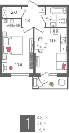 
  Продается 1-комн. квартира, 42 м², ЖК Рекорд 2, литера 1
. Фото 1.