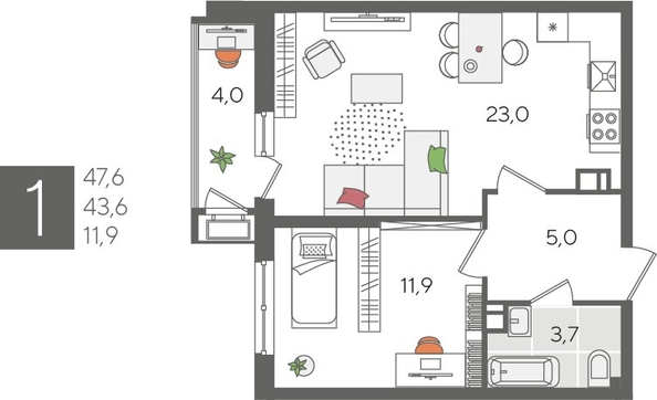 
  Продается 1-комн. квартира, 47.6 м², ЖК Рекорд 2, литера 1
. Фото 1.