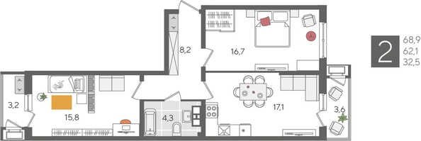 
  Продается 2-комн. квартира, 68.9 м², ЖК Рекорд 2, литера 1
. Фото 1.