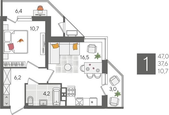 
  Продается 1-комн. квартира, 47 м², ЖК Рекорд 2, литера 1
. Фото 1.