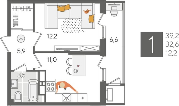 
  Продается 1-комн. квартира, 39.2 м², ЖК Рекорд 2, литера 1
. Фото 1.