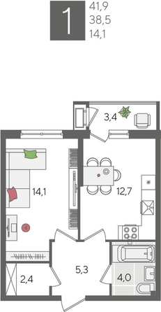 
  Продается 1-комн. квартира, 41.9 м², ЖК Рекорд 2, литера 1
. Фото 1.