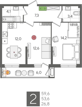 
  Продается 2-комн. квартира, 59.6 м², ЖК Рекорд 2, литера 1
. Фото 1.