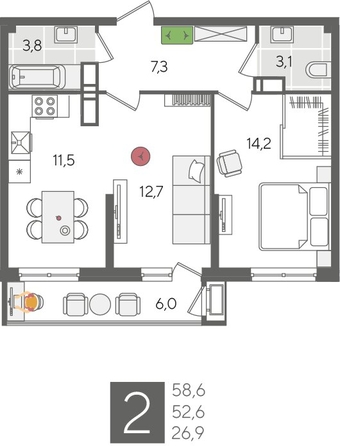 
  Продается 2-комн. квартира, 58.6 м², ЖК Рекорд 2, литера 1
. Фото 1.