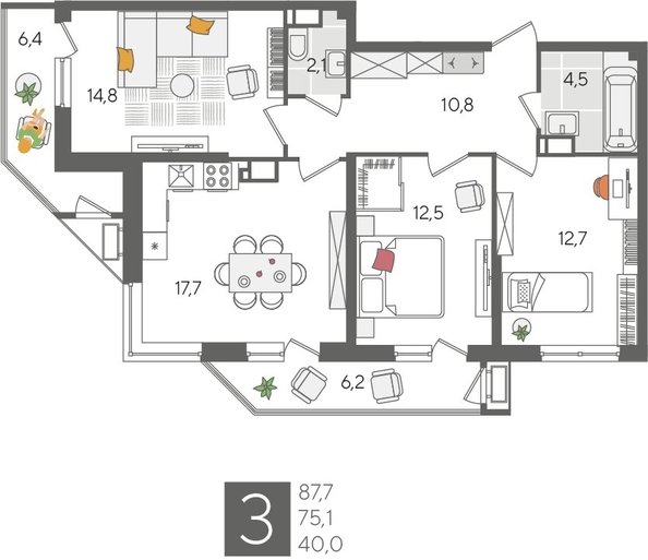 
  Продается 3-комн. квартира, 87.7 м², ЖК Рекорд 2, литера 1
. Фото 1.