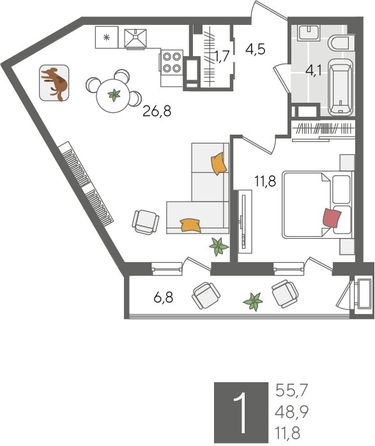 
  Продается 1-комн. квартира, 55.7 м², ЖК Рекорд 2, литера 2
. Фото 1.