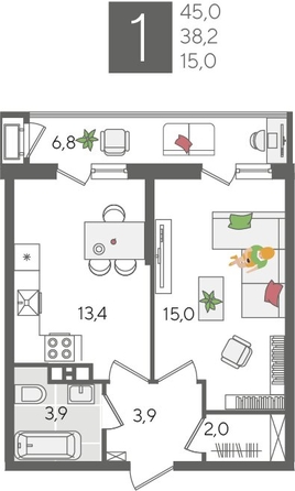 
  Продается 1-комн. квартира 44.3 м², в ЖК Рекорд 2, литера 2. Фото 1.