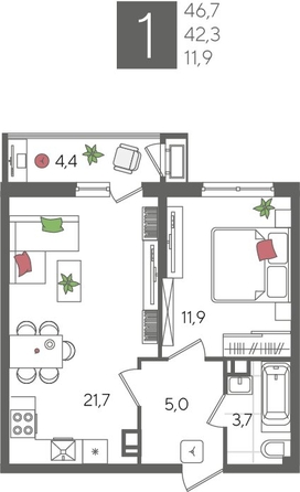 
  Продается 1-комн. квартира 46.7 м², в ЖК Рекорд 2, литера 2. Фото 1.