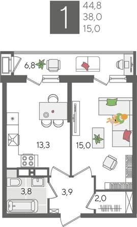 
  Продается 1-комн. квартира 44.8 м², в ЖК Рекорд 2, литера 2. Фото 1.