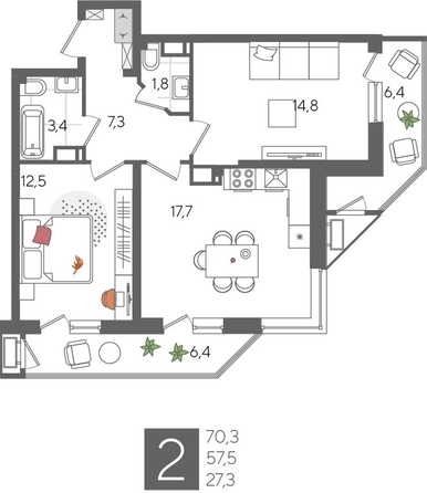 
  Продается 2-комн. квартира, 70.3 м², ЖК Рекорд 2, литера 2
. Фото 1.