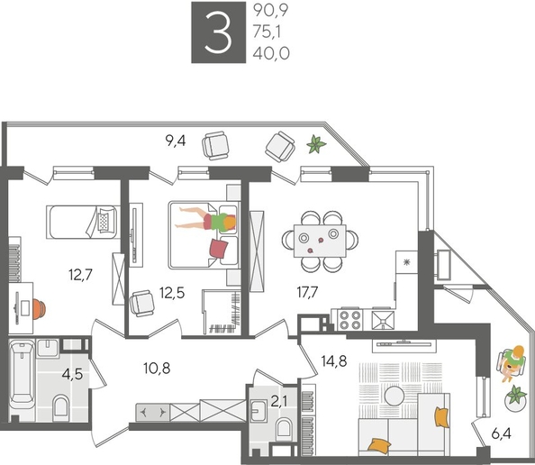 
  Продается 3-комн. квартира, 90.9 м², ЖК Рекорд 2, литера 2
. Фото 1.
