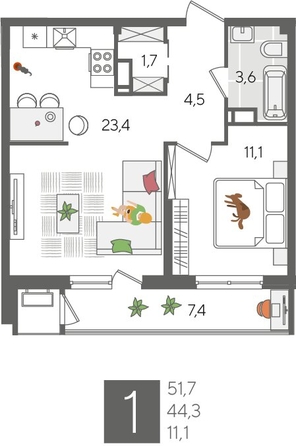 
  Продается 1-комн. квартира 51.2 м², в ЖК Рекорд 2, литера 2. Фото 1.