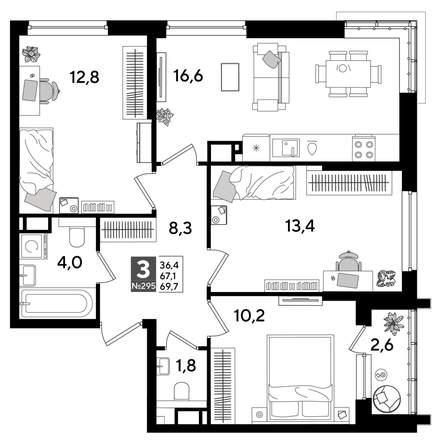 
  Продается 3-комн. квартира, 69.7 м², ЖК DOGMA PARK (Догма парк), литера 15
. Фото 1.