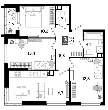 
  Продается 3-комн. квартира, 70 м², ЖК DOGMA PARK (Догма парк), литера 16
. Фото 1.