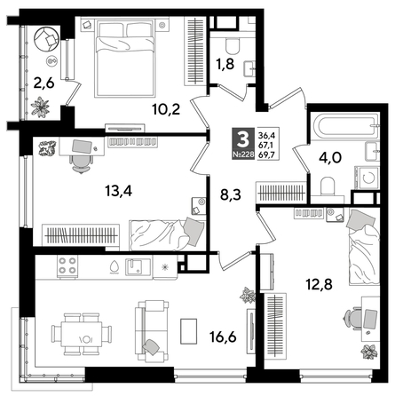 
  Продается 3-комн. квартира, 69.7 м², ЖК DOGMA PARK (Догма парк), литера 16
. Фото 1.