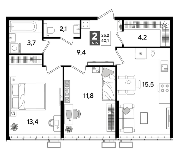 
  Продается 2-комн. квартира, 59.3 м², ЖК DOGMA PARK (Догма парк), литера 19
. Фото 1.