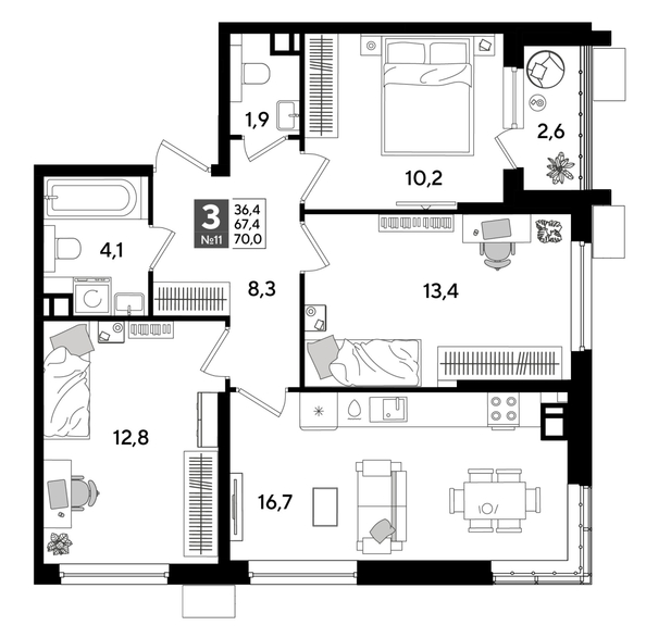 
  Продается 3-комн. квартира, 68.6 м², ЖК DOGMA PARK (Догма парк), литера 19
. Фото 1.