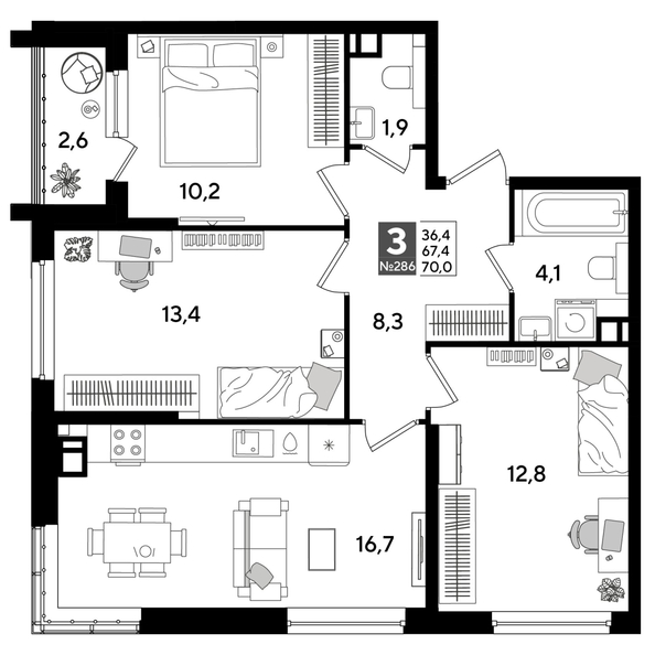 
  Продается 3-комн. квартира, 68.8 м², ЖК DOGMA PARK (Догма парк), литера 19
. Фото 1.