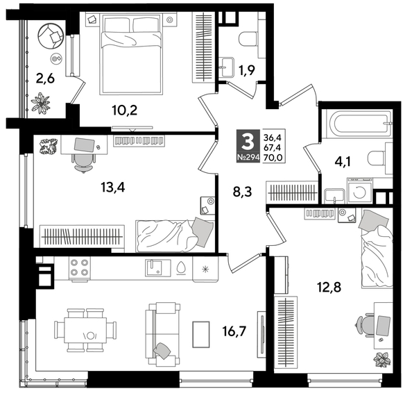 
  Продается 3-комн. квартира, 68.4 м², ЖК DOGMA PARK (Догма парк), литера 19
. Фото 1.