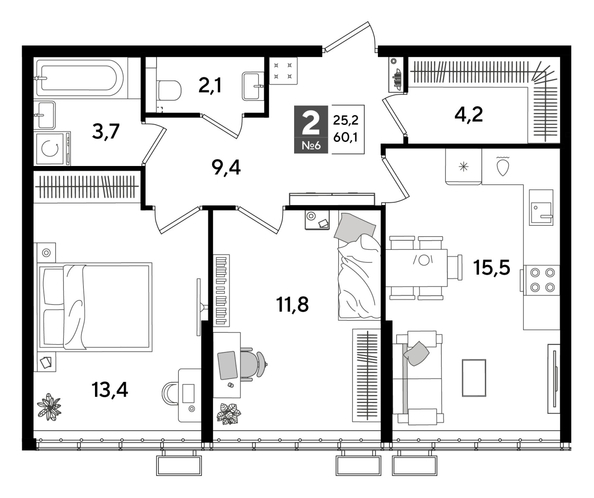 
  Продается 2-комн. квартира, 60.1 м², ЖК DOGMA PARK (Догма парк), лит 20
. Фото 1.