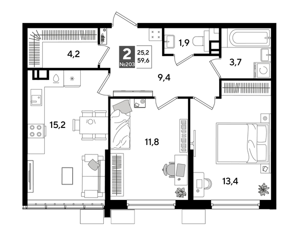 
  Продается 2-комн. квартира 58.9 м², в ЖК ДОГМА ПАРК, лит 20. Фото 1.