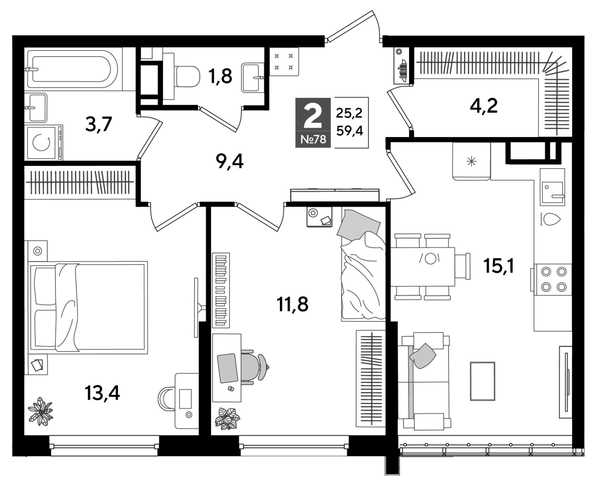 
  Продается 2-комн. квартира 59.4 м², в ЖК ДОГМА ПАРК, лит 20. Фото 2.