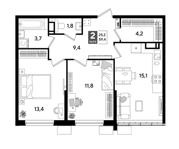 
  Продается 2-комн. квартира, 59.4 м², ЖК DOGMA PARK (Догма парк), литера 18
. Фото 1.