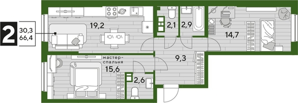 
  Продается 2-комн. квартира, 66.4 м², ЖК DOGMA PARK (Догма парк), литера 21
. Фото 1.