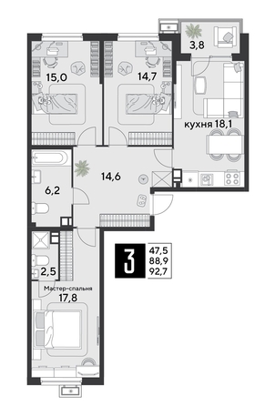
  Продается 3-комн. квартира 92.7 м², в ЖК Парк Победы 2, литера 8. Фото 1.