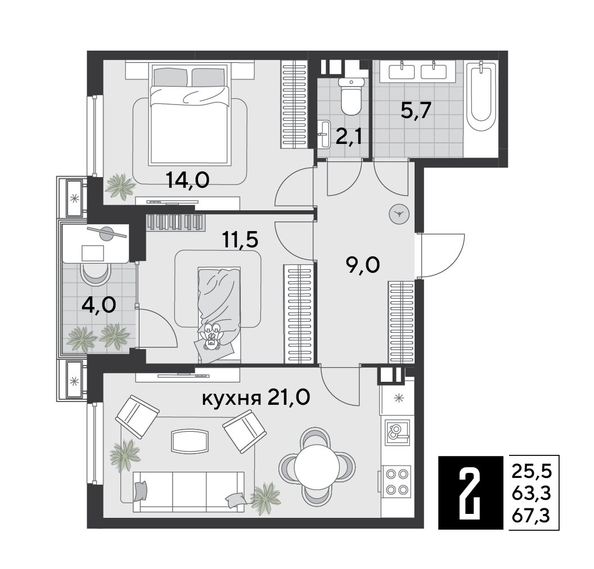 
  Продается 2-комн. квартира, 67.3 м², ЖК Парк Победы 2, литера 19
. Фото 1.