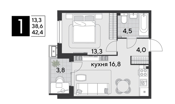 
  Продается 1-комн. квартира, 42.4 м², ЖК Парк Победы 2, литера 19
. Фото 1.