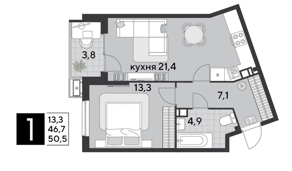 
  Продается 1-комн. квартира 50.5 м², в ЖК Парк Победы 2, литера 19. Фото 1.