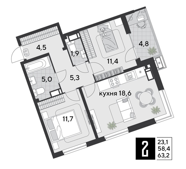 
  Продается 2-комн. квартира, 63.2 м², ЖК Парк Победы 2, литера 19
. Фото 1.