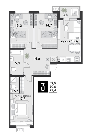 
  Продается 3-комн. квартира, 93.4 м², ЖК Парк Победы 2, литера 20
. Фото 1.
