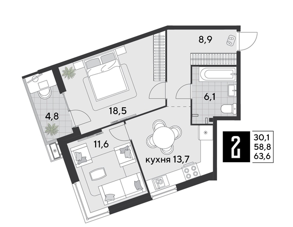 
  Продается 2-комн. квартира, 63.6 м², ЖК Парк Победы 2, литера 21
. Фото 1.