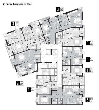 
  Продается 3-комн. квартира, 83.4 м², ЖК Парк Победы 2, литера 21
. Фото 2.