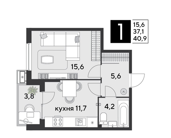 
  Продается 1-комн. квартира, 40.9 м², ЖК Парк Победы 2, литера 21
. Фото 1.