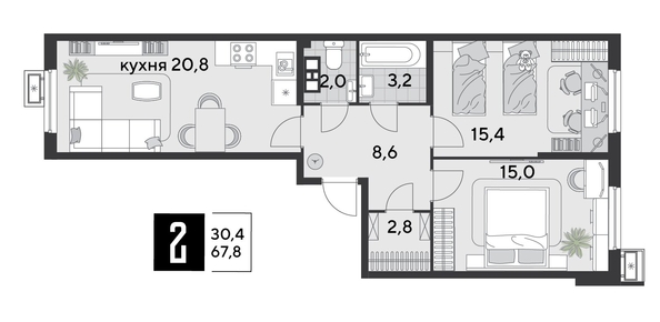 
  Продается 2-комн. квартира, 67.8 м², ЖК Парк Победы 2, литера 21
. Фото 1.